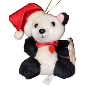 Vintage Gibson Greetings Panda Bear Plush Ornament Satin Santa Hat  1985